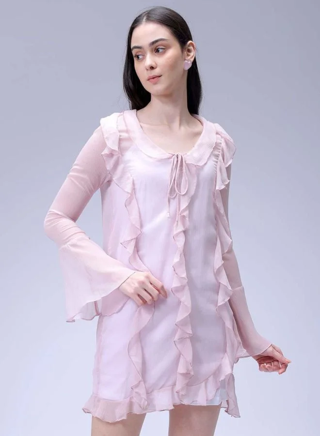 Women Fit and Flared Solid V-Neck Long Sleeve Ruffle Dress