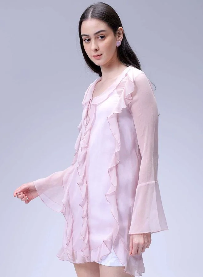 Freehand  Women Fit and Flared Solid V-Neck Long Sleeve Ruffle Dress for Women | Best Price UAE