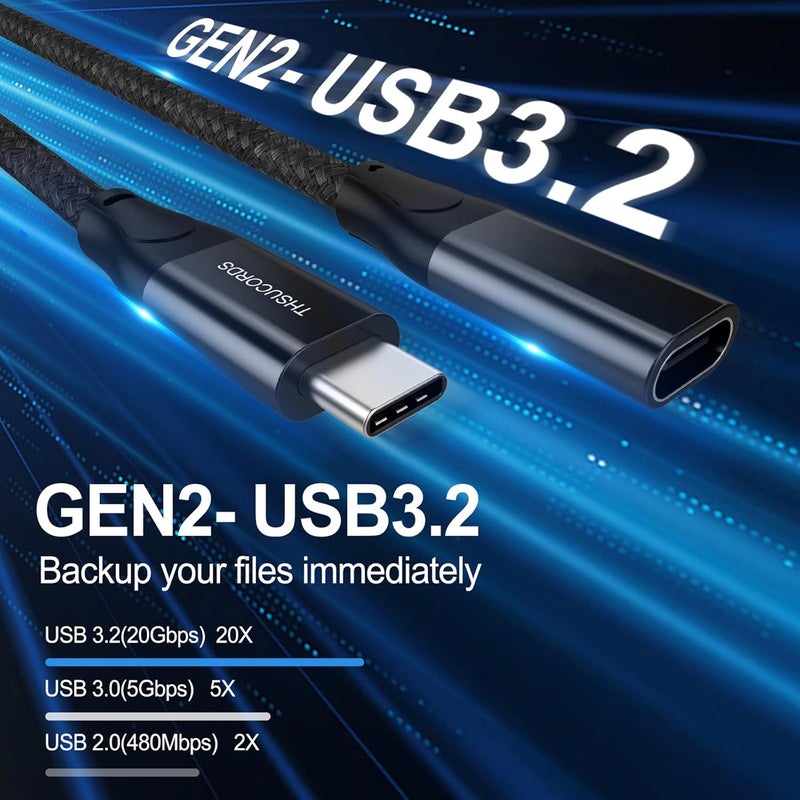 ثسوكوردز كابل تمديد USB C من بقدرة 100 واط وطول 1 قدم، كابل USB C من النوع 3.2 جيل 2 ذكر إلى أنثى لنقل البيانات بسرعة 20 جيجابت في الثانية، كابل شحن سريع USB C 3.1 من النوع C بجهد 20 فولت/تيار 5 أمبير، كابل مراقبة فيديو بدقة 4K@60Hz مضفر من النايلون - Image 5