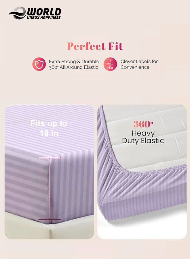 إي وورلد ملاءة سرير مزوّدة بسطح مطاطي من الألياف الدقيقة بخطوط باللون الليلكي، بجيب عميق لملاءمة محكمة، قابلة للتنفس وسهلة الغسل في الغسالة لحماية مثالية، متوفرة بمقاسات كينغ وكوين وسنجل، بدون غطاء وسادة - Image 3