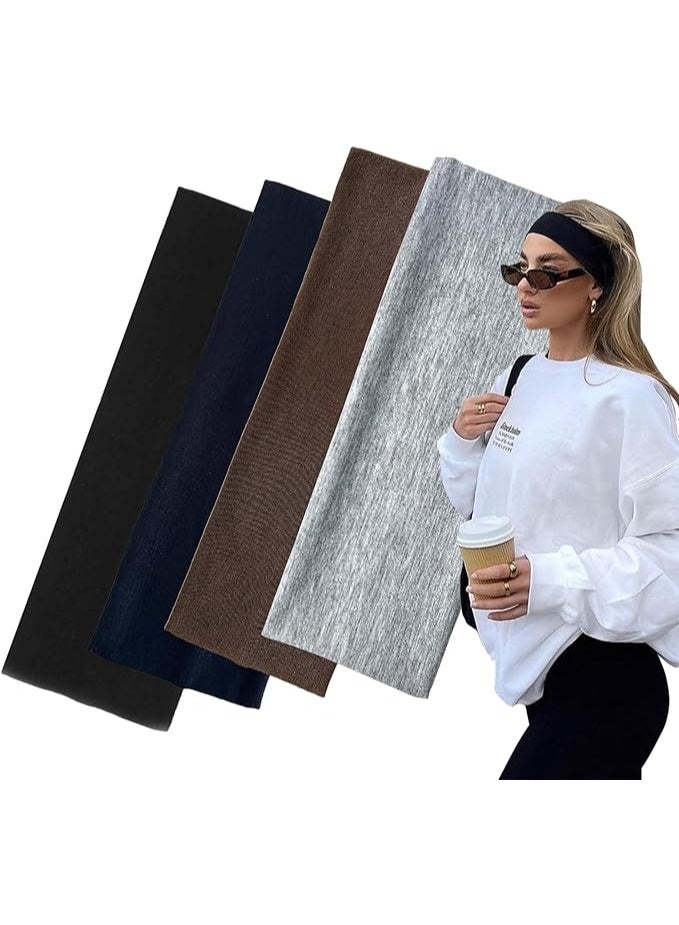 4 عصابات رأس قطنية فاخرة للنساء والرجال – مرنة وناعمة للشعر، مثالية للرياضة واليوجا والجري – ألوان (أسود / كحلي / بني / رمادي)