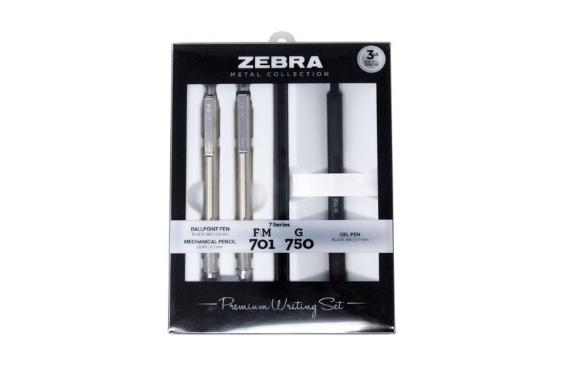 Zebra Pen Premium Writing Gift Set 3-Pack, Black Ink, Medium/Fine Point, Includes G-750 Gel Pen, F-701 Ballpoint Pen, and M-701 Mechanical Pencil, Metal Barrels, Refillable (10513) - Image 1