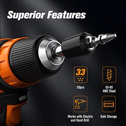 Nuovoware Damaged Screw Extractor Set Upgraded 33 PCS Easy Out Stripped Screw Extractor Kit Allpurpose HSS Broken Screw Remover Set with 2 Magnetic Extension Bit Holder Socket Adapter - Image 3