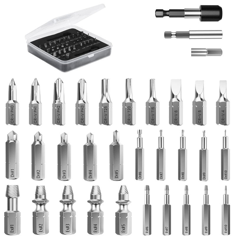 Nuovoware Damaged Screw Extractor Set Upgraded 33 PCS Easy Out Stripped Screw Extractor Kit Allpurpose HSS Broken Screw Remover Set with 2 Magnetic Extension Bit Holder Socket Adapter - Image 2