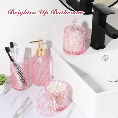 RYTOXILO Pink Bathroom Accessories Set, 4 Pack Pink Bathroom Decor Accessory Sets Complete, Diamond Glass Soap Dispenser and Toothbrush Holder Set for Bath Counter Organizer Essentials - Image 5