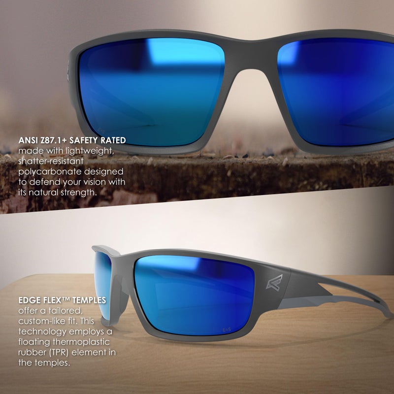 Edge SK118 Kazbek Wrap-Around Safety Glasses, Anti-Scratch, Non-Slip, UV 400, Military Grade, ANSI/ISEA & MCEPS Compliant, 5.04" Wide, Black Frame / Blue Mirror Lens - Image 4