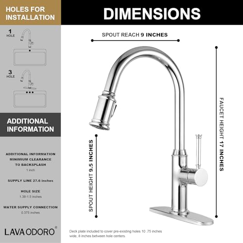 Lava Odoro Chrome Kitchen Faucet with Pull Down Sprayer, Single Hole Kitchen Sink Faucet, Single Handle Kitchen Faucet with 2-Function Sprayer, Deck Plate Included, 1.8 GPM, KF421-C - Image 4