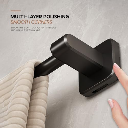 MIORAH Self Adhesive Aluminium Towel Holder for Bathroom | Wall Mounted Towel Hanger & Towel Rod | Rust - Free Powder Coated Bathroom Accessories | Space Saving Towel Rack Stand for Home Black - Image 5