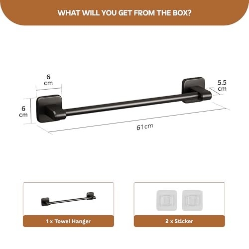 MIORAH Self Adhesive Aluminium Towel Holder for Bathroom | Wall Mounted Towel Hanger & Towel Rod | Rust - Free Powder Coated Bathroom Accessories | Space Saving Towel Rack Stand for Home Black - Image 2