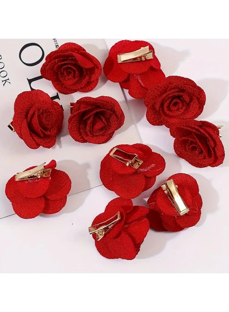 A Set Of 10 Hair Clips Decorated With Small Red Flower Shapes - Image 3