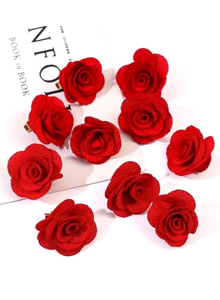 Set of 10 Mini Red Flower Hair Clips - Cute Decorative Barrettes for Girls Daily Wear - Image 1