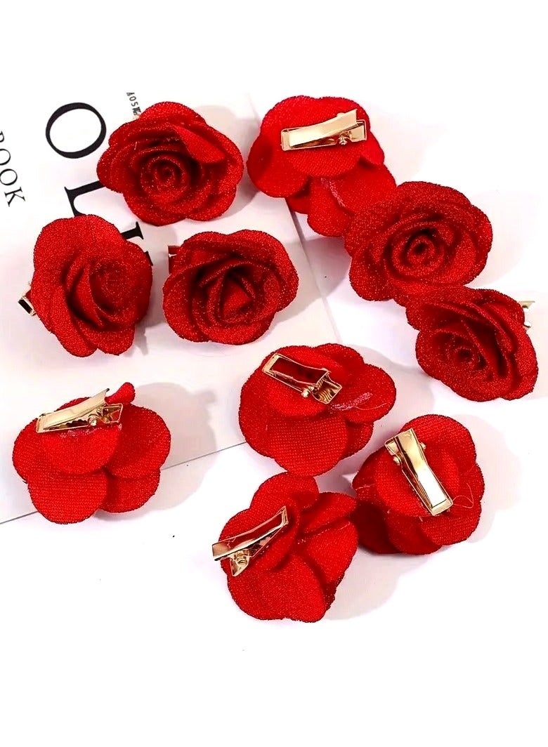 Set of 10 Mini Red Flower Hair Clips - Cute Decorative Barrettes for Girls Daily Wear - Image 3