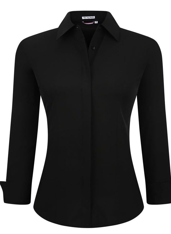 Alex Vando Womens Dress Shirts Wrinkle Free Regular Fit Long Sleeve Stretch Work Shirt,Hidden Black,L - Image 1