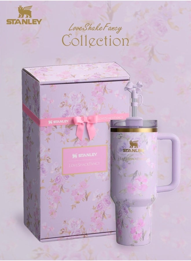 Stanley - Love Shack Fancy H2.0 Flow State 40oz Purple Rose Tumbler, Stainless Steel Vacuum Insulated Quencher with Lid, Straw, and Stopper, Ideal for Water and Iced Tea, Keeps Drinks Cold, Presented in Elegant Gift-Ready Packaging - Image 1