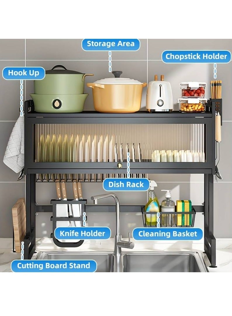 DubaiGallery رف خزائن الأطباق فوق الحوض مع غطاء تخزين جاف منظم مطبخ رف خزائن الفولاذ المقاوم للصدأ - Image 3