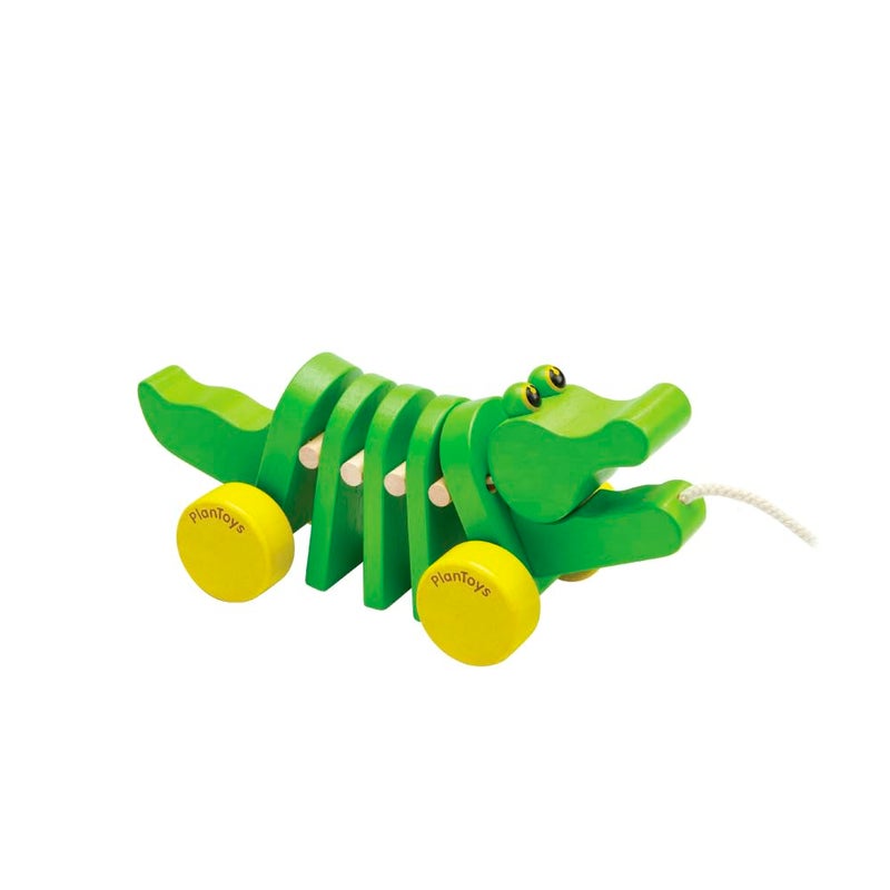 PlanToys Dancing Alligator Push & Pull Toy - Sustainably Made from Rubberwood with 3 Organic-Pigment Color Options and Makes Click-Clack Sounds and Dancing Movements when Pulled (Natural) - Image 1