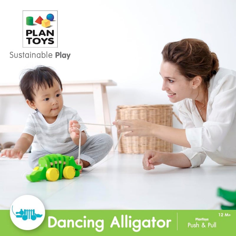 PlanToys Dancing Alligator Push & Pull Toy - Sustainably Made from Rubberwood with 3 Organic-Pigment Color Options and Makes Click-Clack Sounds and Dancing Movements when Pulled (Natural) - Image 3