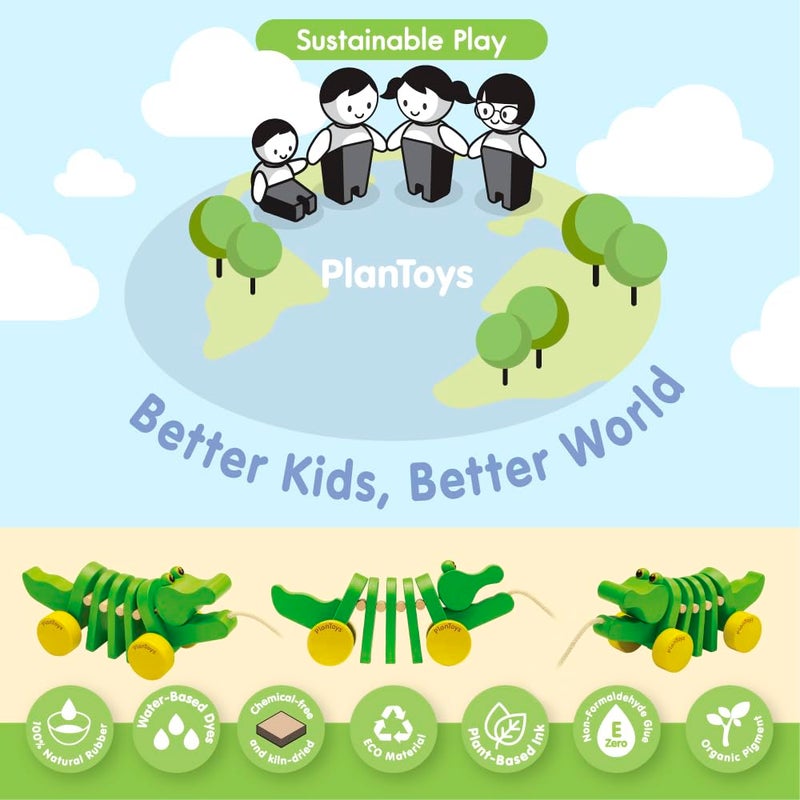 PlanToys Dancing Alligator Push & Pull Toy - Sustainably Made from Rubberwood with 3 Organic-Pigment Color Options and Makes Click-Clack Sounds and Dancing Movements when Pulled (Natural) - Image 2