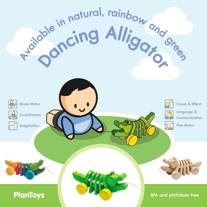 PlanToys Dancing Alligator Push & Pull Toy - Sustainably Made from Rubberwood with 3 Organic-Pigment Color Options and Makes Click-Clack Sounds and Dancing Movements when Pulled (Natural) - Image 5