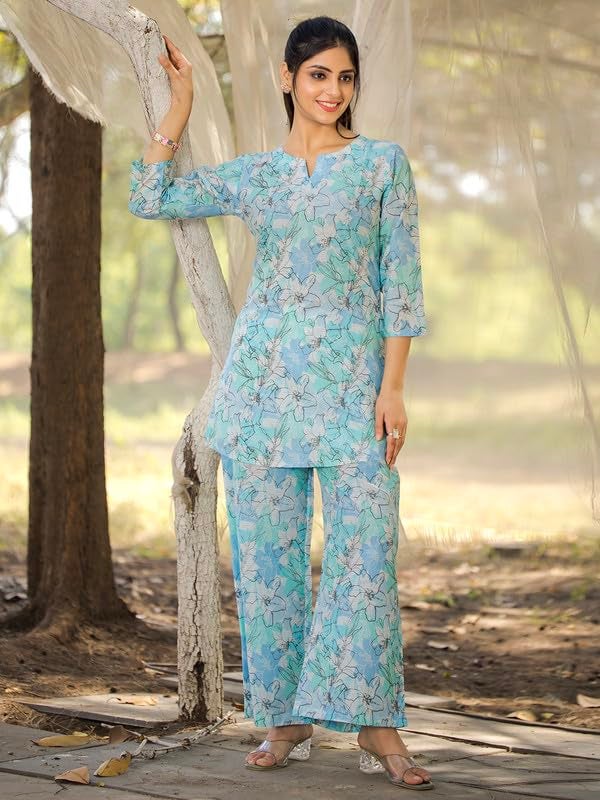Tee Projekt Cotton Ethnic Wear Co Ord Set for Women | Travel Co Ord Set for Women Light Blue - Image 3