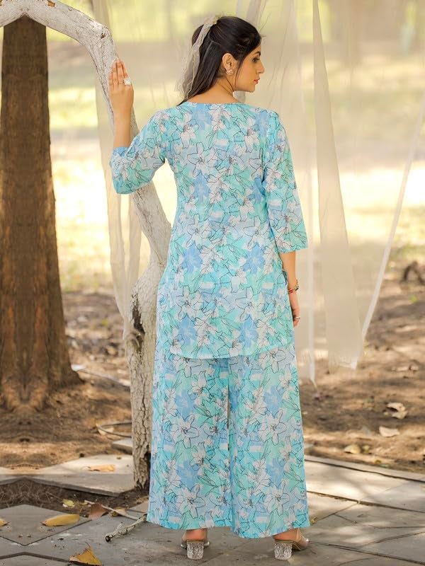 Tee Projekt Cotton Ethnic Wear Co Ord Set for Women | Travel Co Ord Set for Women Light Blue - Image 2