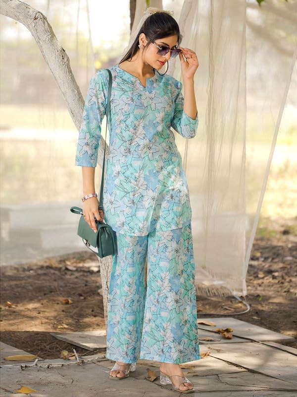 Tee Projekt Cotton Ethnic Wear Co Ord Set for Women | Travel Co Ord Set for Women Light Blue - Image 5