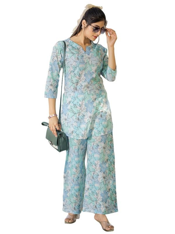 Tee Projekt Cotton Ethnic Wear Co Ord Set for Women | Travel Co Ord Set for Women Light Blue - Image 1