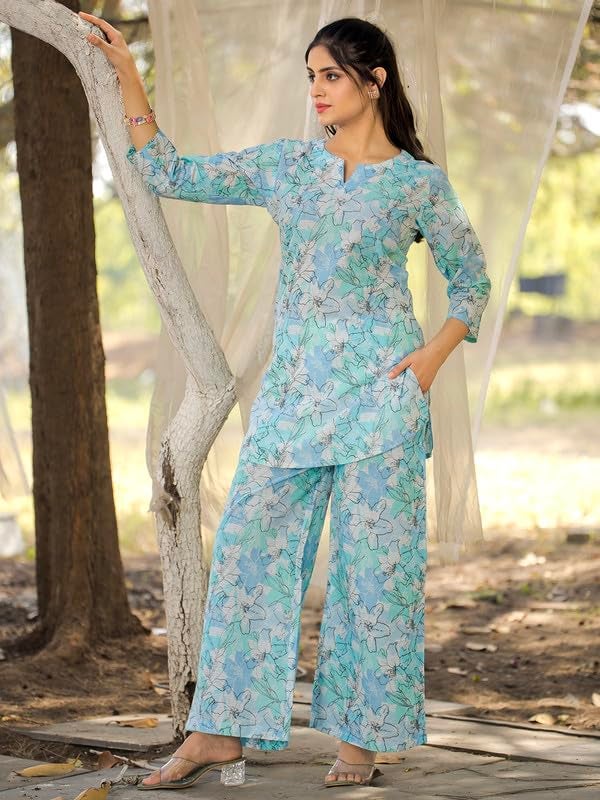 Tee Projekt Cotton Ethnic Wear Co Ord Set for Women | Travel Co Ord Set for Women Light Blue - Image 4