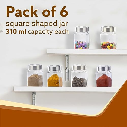 AGARO Elegant Cube Jar 310 ml, Steel Lid, Storage Glass Container, Transparent, Kitchen Organiser, Multipurpose Jar, Pack of 6 - Image 2