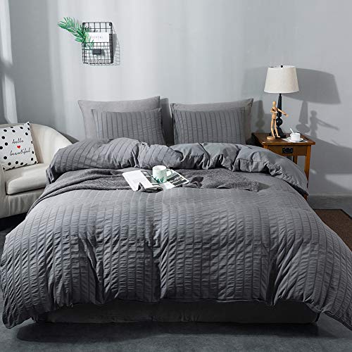 AveLom Seersucker Duvet Cover Set King Size 104 x 90 inches 3 Pieces 1 Duvet Cover  2 Pillow Cases Dark Gray Ultra Soft Washed Microfiber Textured Duvet Cover with Zipper Closure Corner Ties