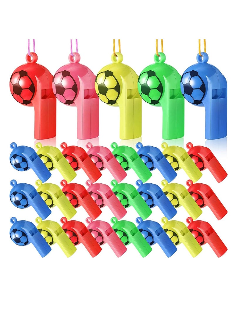 Plastic Whistles with Lanyard Soccer Pattern Training Sports Whistle Kids Whistle for Referee School Camping Soccer Party Favors, 24 Pcs Random Color