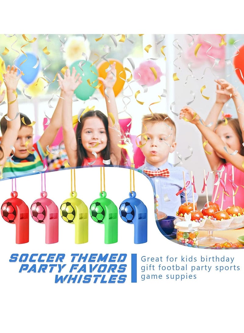 Plastic Whistles with Lanyard Soccer Pattern Training Sports Whistle Kids Whistle for Referee School Camping Soccer Party Favors, 24 Pcs Random Color