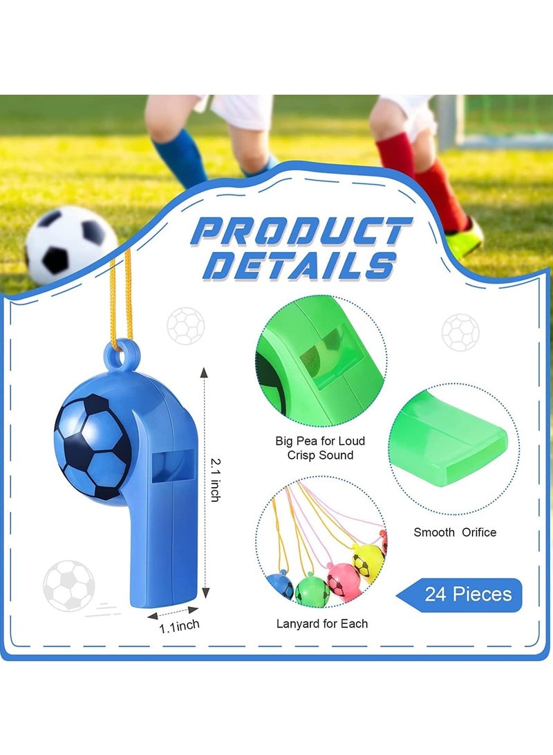 Plastic Whistles with Lanyard Soccer Pattern Training Sports Whistle Kids Whistle for Referee School Camping Soccer Party Favors, 24 Pcs Random Color