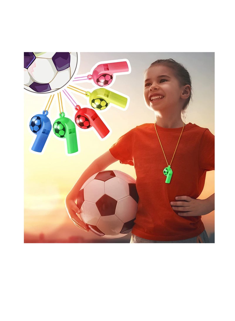 Plastic Whistles with Lanyard Soccer Pattern Training Sports Whistle Kids Whistle for Referee School Camping Soccer Party Favors, 24 Pcs Random Color