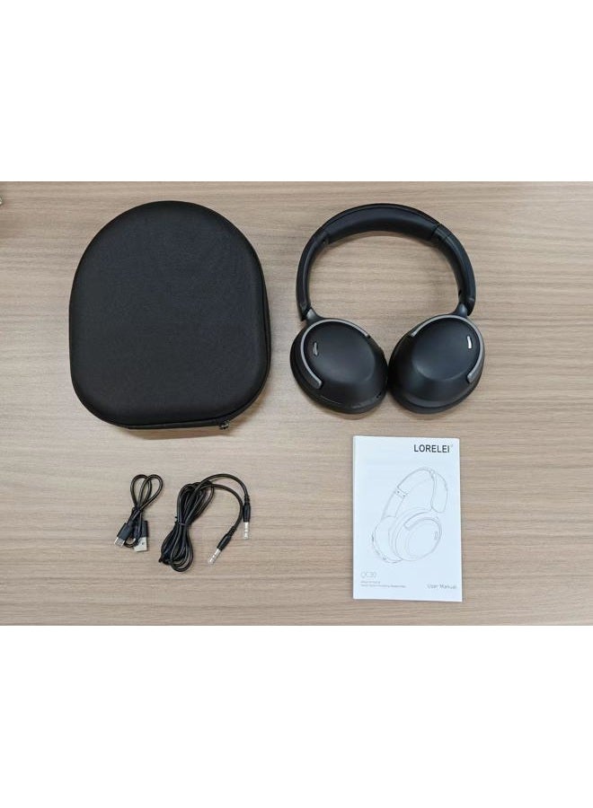 LORELEI سماعات QC30 الهجينة لإلغاء الضوضاء النشطة، 60 ساعة من وقت التشغيل، ميكروفون مدمج، سماعات رأس لاسلكية فوق الأذن مع علبة، بلوتوث 5.4، صوت عميق، ملاءمة مريحة مع وسائد أذن ناعمة، شحن سريع - أسود فضائي - Image 2