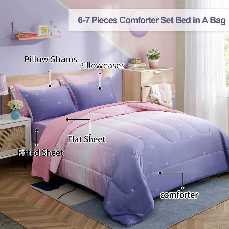 Dinjoy Girls Comforter Set Twin Size 6 Pieces Bed in A Bag Colorful Ombre Pink Purple Rainbow Bedding Set for Kids Teen (1 Comforter, 1 Flat Sheet, 1 Fitted Sheet, 1 Pillow sham, 2 Pillowcases) - Image 2
