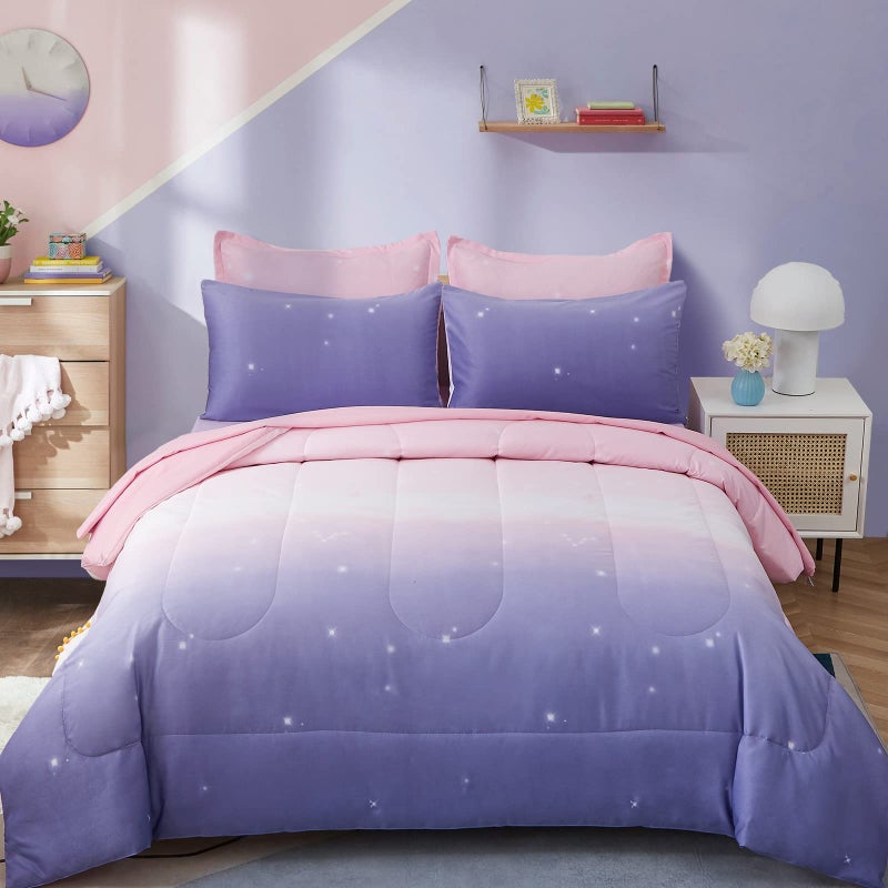 Dinjoy Girls Comforter Set Twin Size 6 Pieces Bed in A Bag Colorful Ombre Pink Purple Rainbow Bedding Set for Kids Teen (1 Comforter, 1 Flat Sheet, 1 Fitted Sheet, 1 Pillow sham, 2 Pillowcases) - Image 1