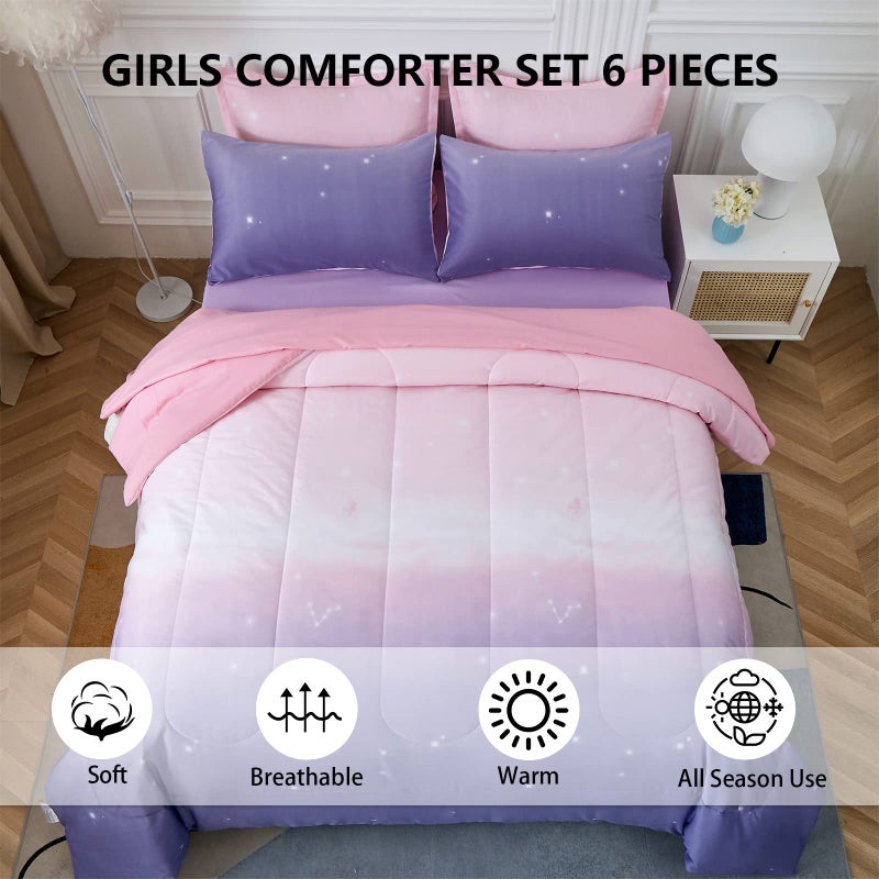 Dinjoy Girls Comforter Set Twin Size 6 Pieces Bed in A Bag Colorful Ombre Pink Purple Rainbow Bedding Set for Kids Teen (1 Comforter, 1 Flat Sheet, 1 Fitted Sheet, 1 Pillow sham, 2 Pillowcases) - Image 3