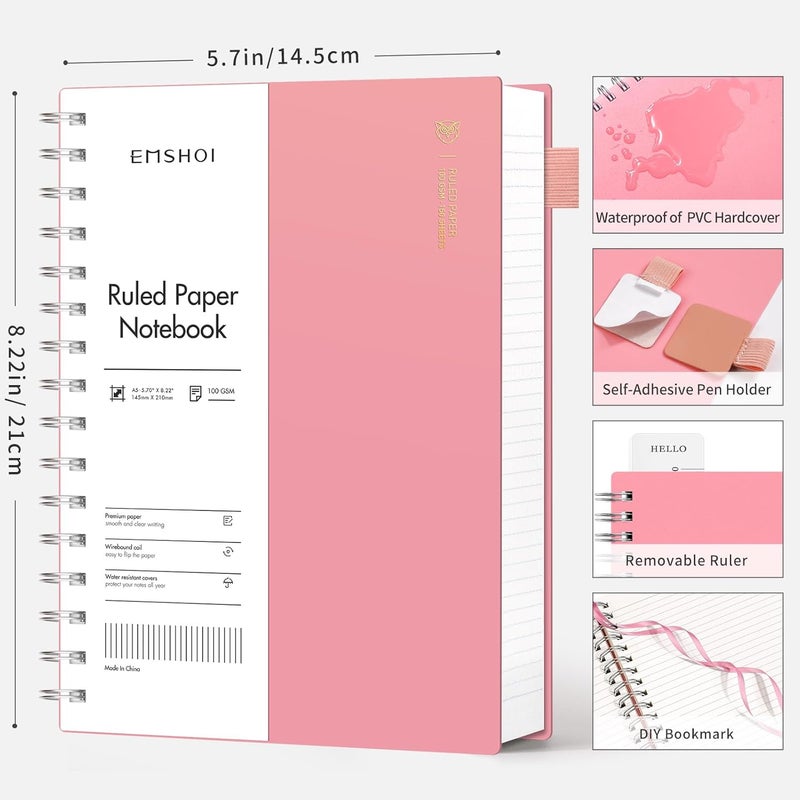 EMSHOI A5 Notebook Lined 300 Pages/150 Sheets, Wirebound Spiral Notepad Multi-coloured, 100gsm Thick Paper, Waterproof Hardcover, Writing Journal for Women Men Work Office School, 14.5 x 21cm, Pink - Image 2