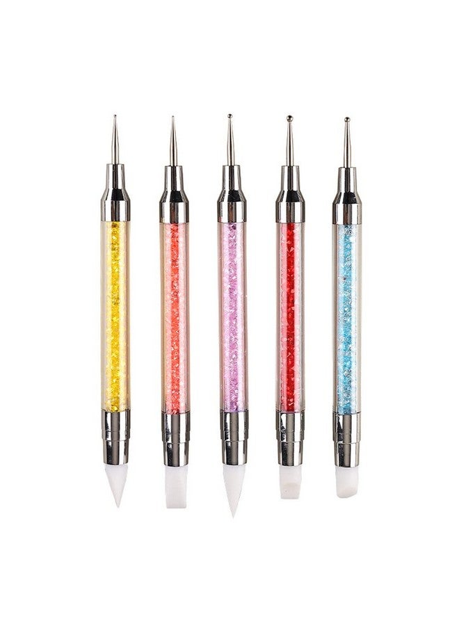 FULINJOY 5PCS Dual-Ended Nail Art Sculpture Pen Dotting Tools, Silicone Nail Polish Brushes Stainless Steel Carving Drawing Dotting Tool, Acrylic Rhinestone Handle, Nail Art Tools - Image 1