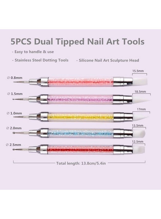 FULINJOY 5PCS Dual-Ended Nail Art Sculpture Pen Dotting Tools, Silicone Nail Polish Brushes Stainless Steel Carving Drawing Dotting Tool, Acrylic Rhinestone Handle, Nail Art Tools - Image 2