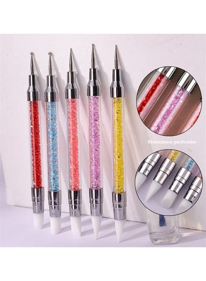 FULINJOY 5PCS Dual-Ended Nail Art Sculpture Pen Dotting Tools, Silicone Nail Polish Brushes Stainless Steel Carving Drawing Dotting Tool, Acrylic Rhinestone Handle, Nail Art Tools - Image 5