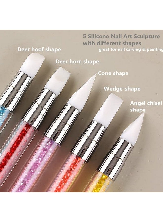 FULINJOY 5PCS Dual-Ended Nail Art Sculpture Pen Dotting Tools, Silicone Nail Polish Brushes Stainless Steel Carving Drawing Dotting Tool, Acrylic Rhinestone Handle, Nail Art Tools - Image 4