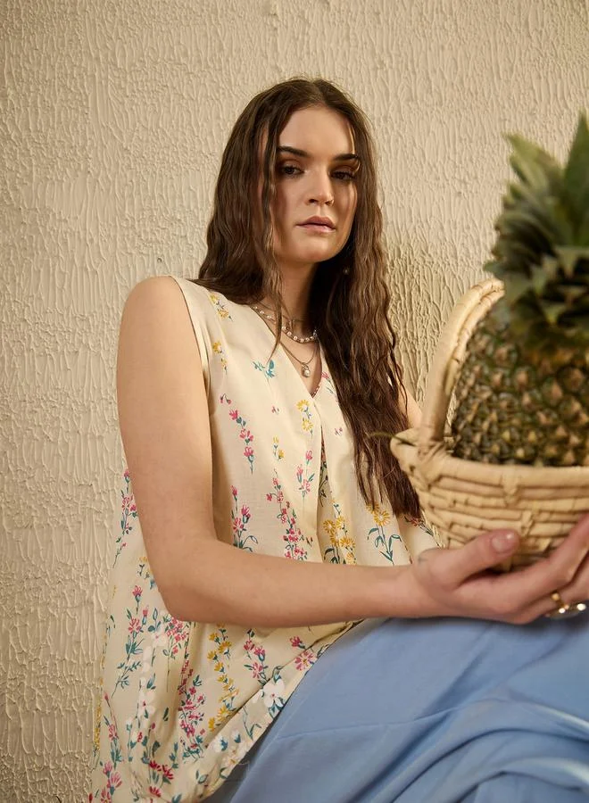 sanskrutihomes Floral Print V Neck Cotton Top