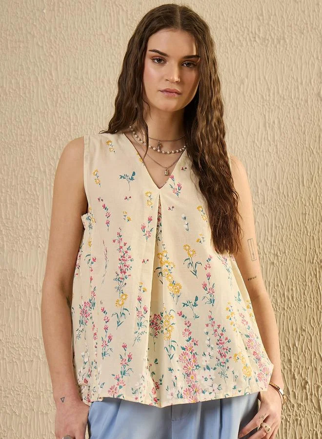 sanskrutihomes Floral Print V Neck Cotton Top