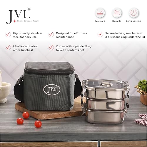JVL Stainless Steel Square Triple Layer Leakproof Lunchbox with Lunch Bag, Secure Locking, Ideal for School, Office & Travel-Friendly (Large) - Image 5