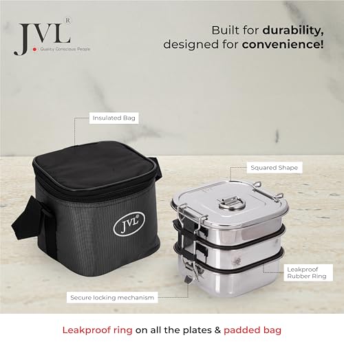 JVL Stainless Steel Square Triple Layer Leakproof Lunchbox with Lunch Bag, Secure Locking, Ideal for School, Office & Travel-Friendly (Large) - Image 3