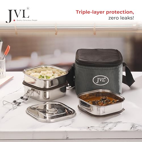 JVL Stainless Steel Square Triple Layer Leakproof Lunchbox with Lunch Bag, Secure Locking, Ideal for School, Office & Travel-Friendly (Large) - Image 4