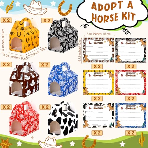 JellyArch 49 Pcs Adopt a Horse Party Favors Include 12 Mini Horse Stuffed Animals 12 Foldable Paper Boxes 12 Adoption Cards 12 Hats 1 Fence for Adopt a Pet Western Party Favor Supplies Design - Image 5