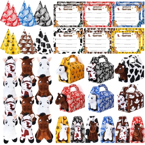 JellyArch 49 Pcs Adopt a Horse Party Favors Include 12 Mini Horse Stuffed Animals 12 Foldable Paper Boxes 12 Adoption Cards 12 Hats 1 Fence for Adopt a Pet Western Party Favor Supplies Design - Image 1
